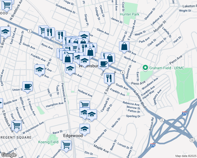 map of restaurants, bars, coffee shops, grocery stores, and more near 925 Franklin Avenue in Pittsburgh