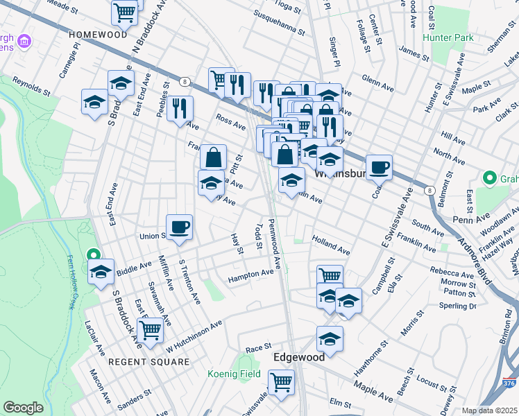 map of restaurants, bars, coffee shops, grocery stores, and more near 644 Kelly Avenue in Pittsburgh