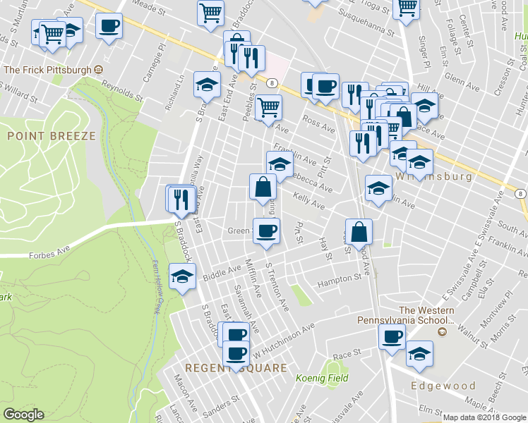 map of restaurants, bars, coffee shops, grocery stores, and more near 535 Virgil Way in Pittsburgh