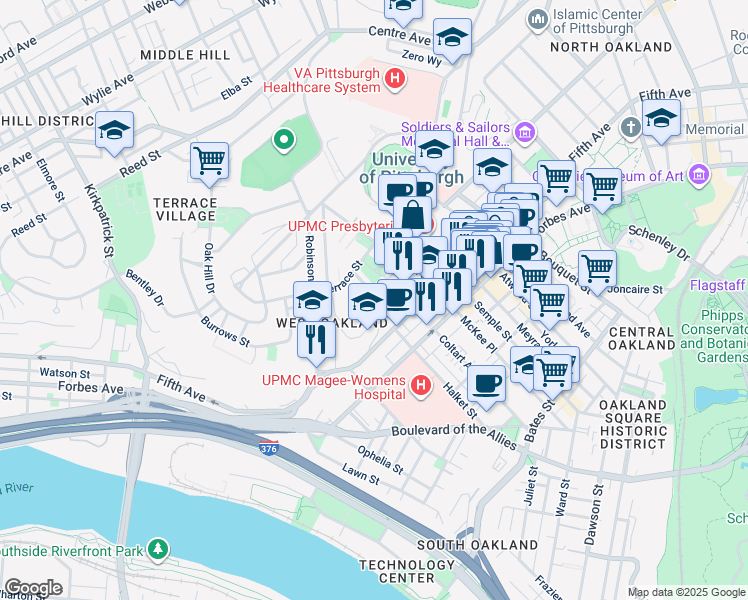 map of restaurants, bars, coffee shops, grocery stores, and more near 205 Chesterfield Road in Pittsburgh