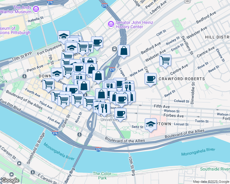 map of restaurants, bars, coffee shops, grocery stores, and more near 112 Centre Avenue in Pittsburgh