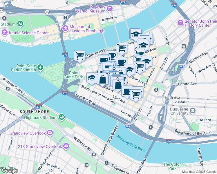 map of restaurants, bars, coffee shops, grocery stores, and more near 3 PPG Place in Pittsburgh