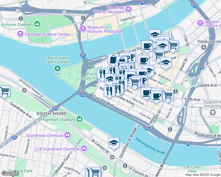 map of restaurants, bars, coffee shops, grocery stores, and more near in Pittsburgh