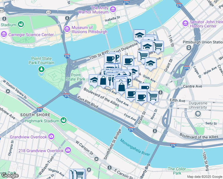 map of restaurants, bars, coffee shops, grocery stores, and more near 3 PPG Place in Pittsburgh