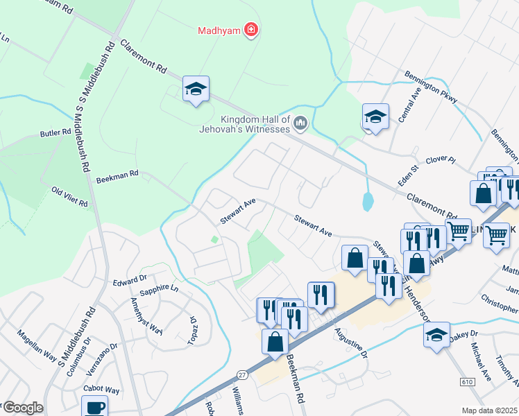map of restaurants, bars, coffee shops, grocery stores, and more near 2 Amberly Court in Franklin Township