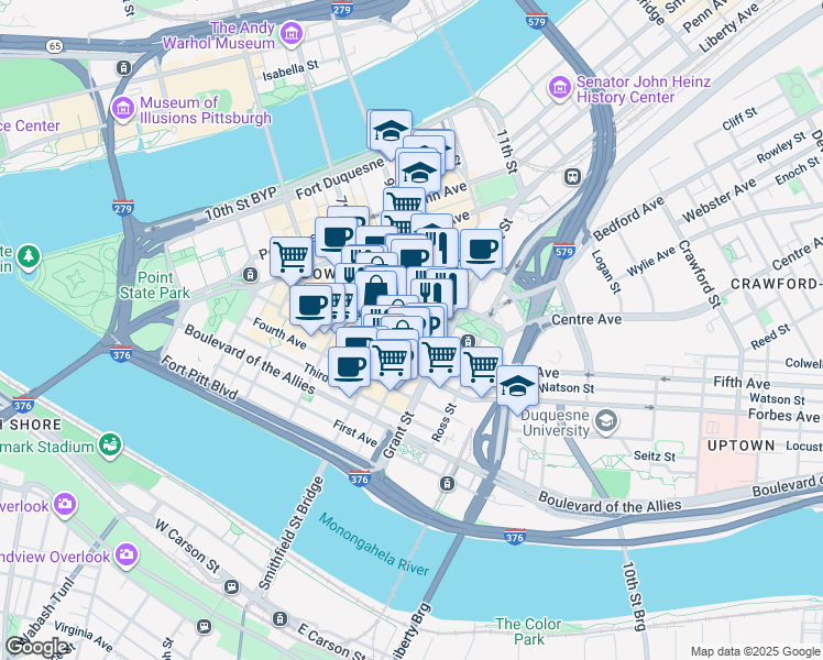 map of restaurants, bars, coffee shops, grocery stores, and more near 525 William Penn Place in Pittsburgh