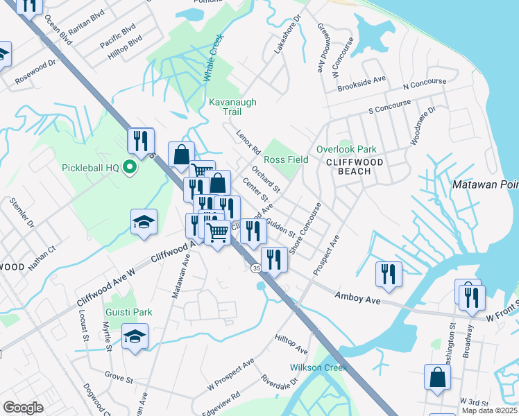 map of restaurants, bars, coffee shops, grocery stores, and more near 243 Raritan Street in Keyport