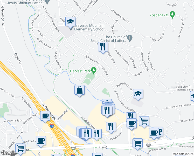 map of restaurants, bars, coffee shops, grocery stores, and more near 4205 Cresthaven Lane in Lehi