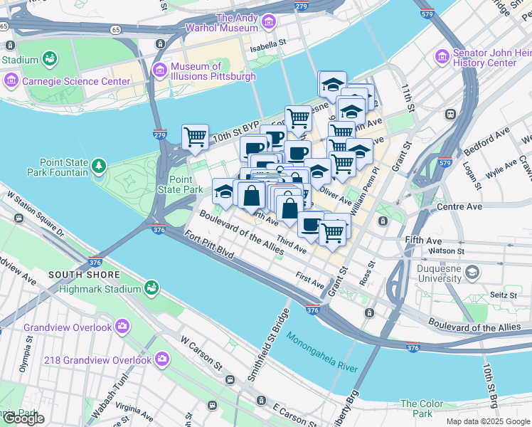 map of restaurants, bars, coffee shops, grocery stores, and more near 3 PPG Place in Pittsburgh