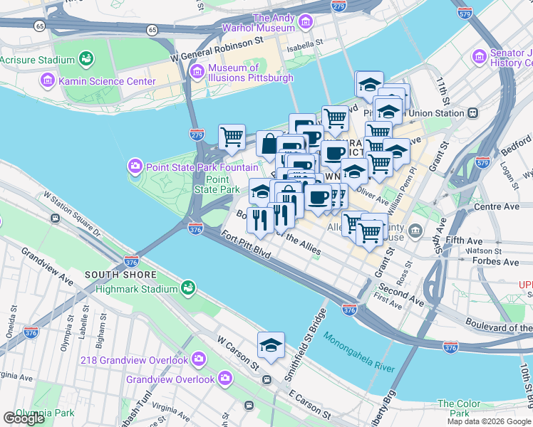 map of restaurants, bars, coffee shops, grocery stores, and more near 67 Boulevard of the Allies in Pittsburgh