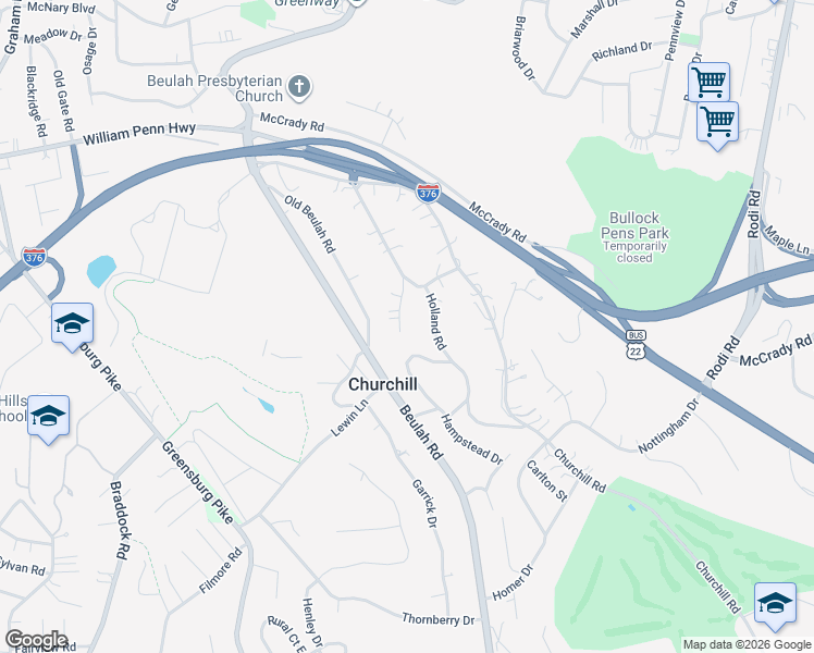 map of restaurants, bars, coffee shops, grocery stores, and more near 1619 Branning Road in Pittsburgh