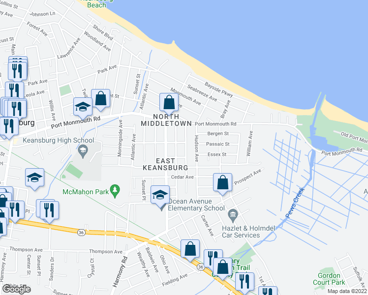 map of restaurants, bars, coffee shops, grocery stores, and more near 43 Shoreland Terrace in North Middletown