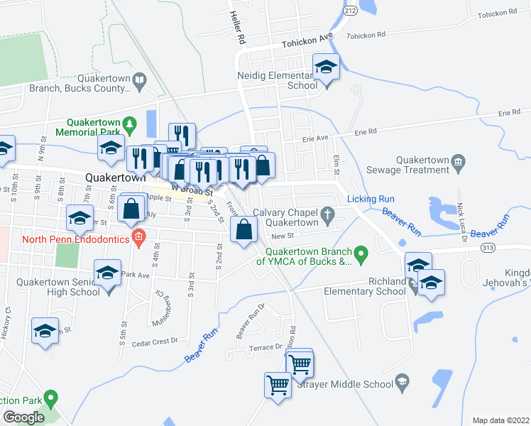 map of restaurants, bars, coffee shops, grocery stores, and more near 202 Franklin Street in Quakertown