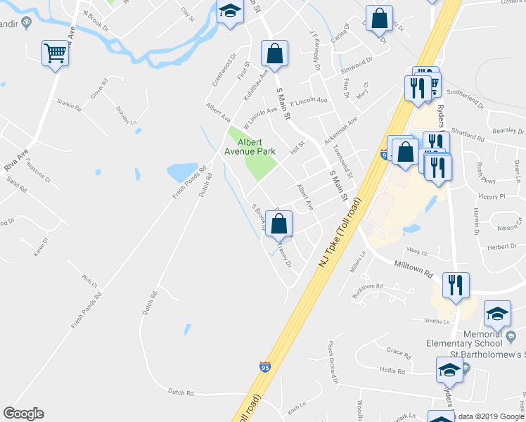 map of restaurants, bars, coffee shops, grocery stores, and more near 41 South Brook Drive in Milltown