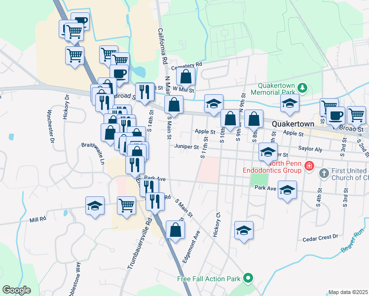 map of restaurants, bars, coffee shops, grocery stores, and more near 1208 Juniper Street in Quakertown