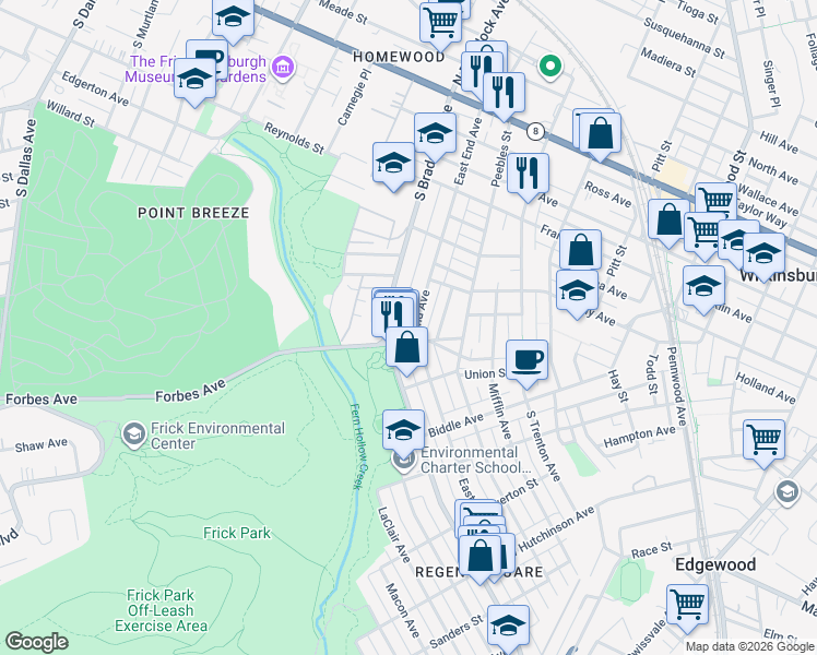 map of restaurants, bars, coffee shops, grocery stores, and more near 590 East End Avenue in Pittsburgh