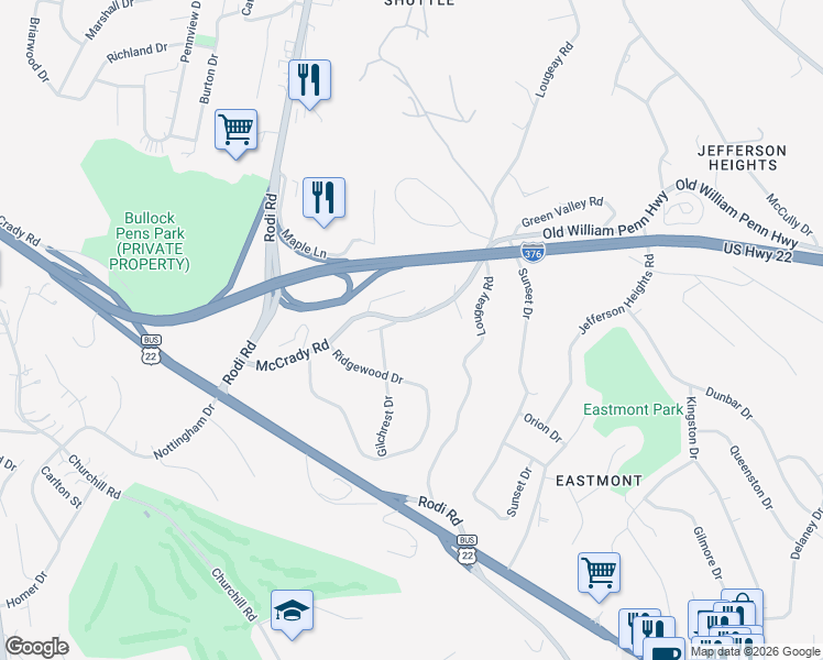 map of restaurants, bars, coffee shops, grocery stores, and more near 3736 Old William Penn Highway in Pittsburgh