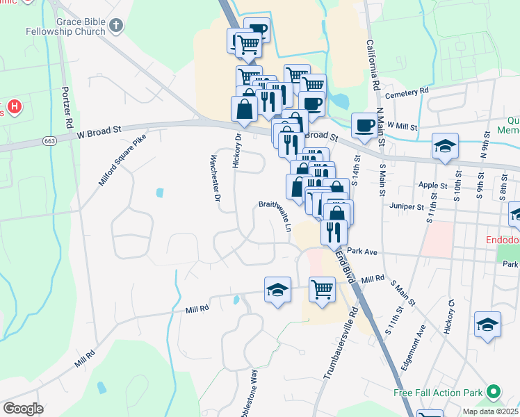 map of restaurants, bars, coffee shops, grocery stores, and more near 56 Braithwaite Lane in Quakertown