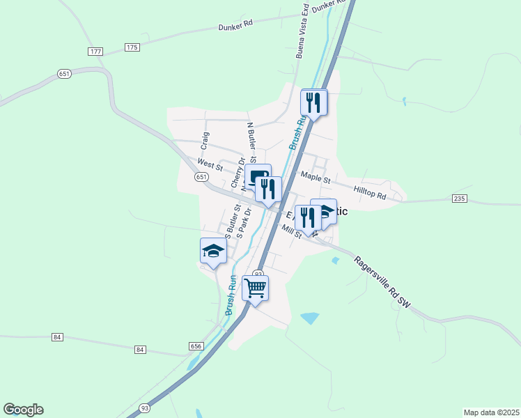 map of restaurants, bars, coffee shops, grocery stores, and more near 111 East Main Street in Baltic