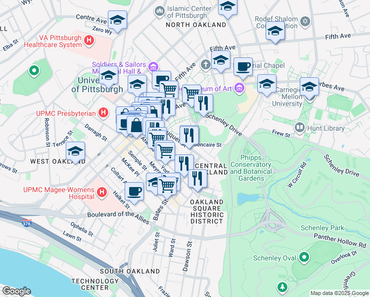 map of restaurants, bars, coffee shops, grocery stores, and more near 326 South Bouquet Street in Pittsburgh