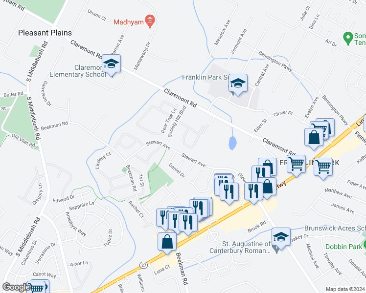 map of restaurants, bars, coffee shops, grocery stores, and more near 39 Crabapple Lane in Franklin Township