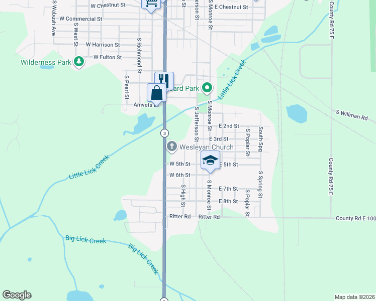 map of restaurants, bars, coffee shops, grocery stores, and more near 120 West 5th Street in Hartford City
