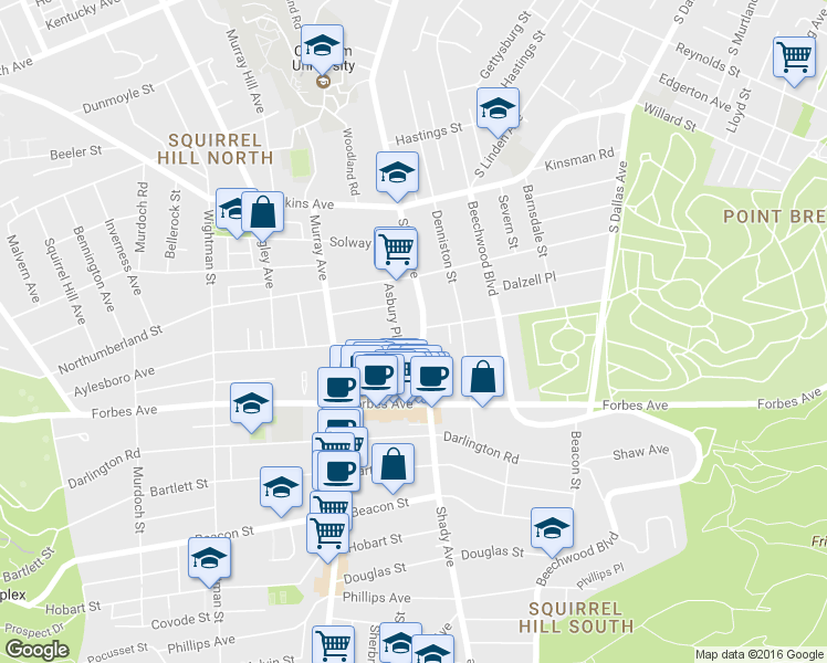 map of restaurants, bars, coffee shops, grocery stores, and more near 5875 Aylesboro Avenue in Pittsburgh