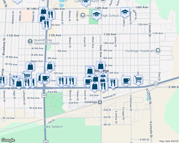map of restaurants, bars, coffee shops, grocery stores, and more near 617 6th Avenue in Holdrege