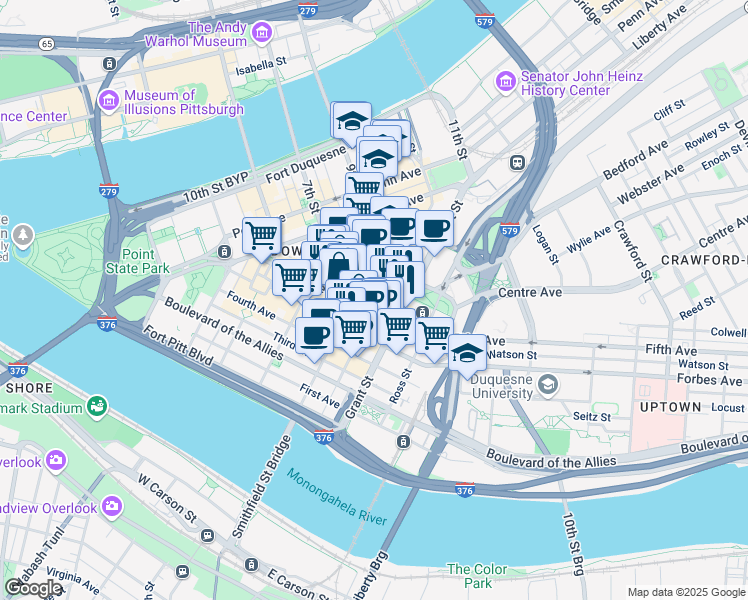 map of restaurants, bars, coffee shops, grocery stores, and more near 525 William Penn Place in Pittsburgh