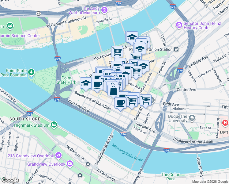 map of restaurants, bars, coffee shops, grocery stores, and more near 260 Forbes Avenue in Pittsburgh