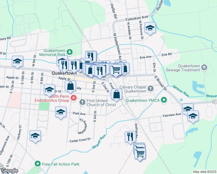 map of restaurants, bars, coffee shops, grocery stores, and more near 28 Front Street in Quakertown