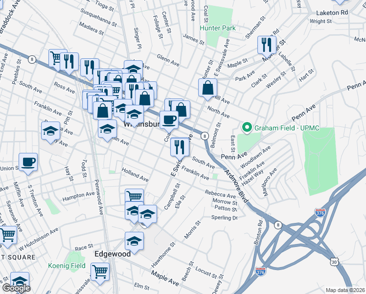 map of restaurants, bars, coffee shops, grocery stores, and more near 812 East Swissvale Avenue in Pittsburgh
