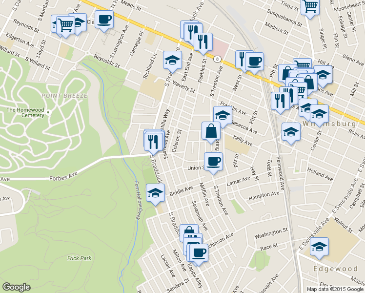 map of restaurants, bars, coffee shops, grocery stores, and more near 545 Peebles Street in Pittsburgh