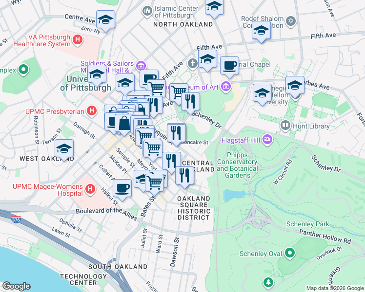 map of restaurants, bars, coffee shops, grocery stores, and more near 341 South Bouquet Street in Pittsburgh