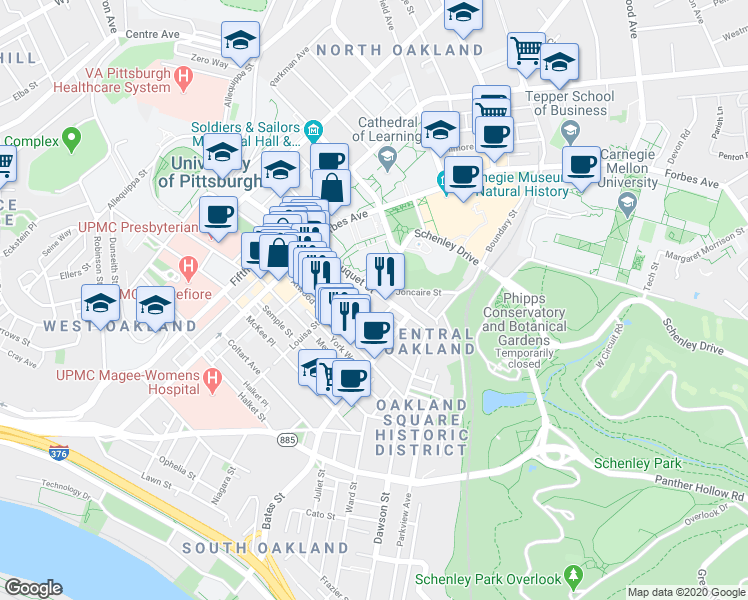 map of restaurants, bars, coffee shops, grocery stores, and more near 311 Oakland Avenue in Pittsburgh