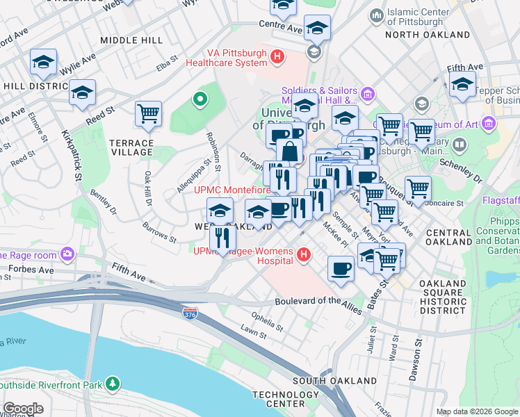 map of restaurants, bars, coffee shops, grocery stores, and more near 205 Chesterfield Road in Pittsburgh