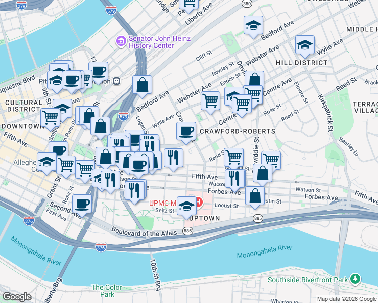 map of restaurants, bars, coffee shops, grocery stores, and more near 1420 Centre Avenue in Pittsburgh