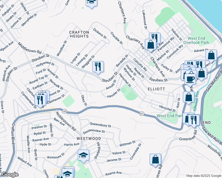 map of restaurants, bars, coffee shops, grocery stores, and more near 1321 Arnold Street in Pittsburgh