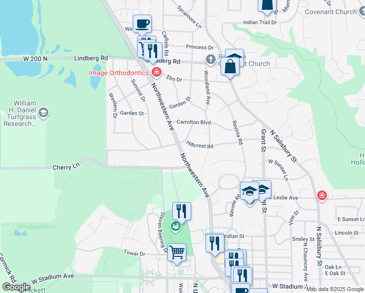 map of restaurants, bars, coffee shops, grocery stores, and more near 1420 Northwestern Avenue in West Lafayette
