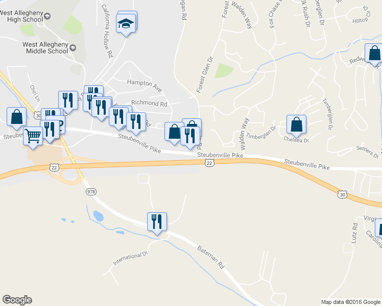 map of restaurants, bars, coffee shops, grocery stores, and more near 7902 Steubenville Pike in Imperial-Enlow
