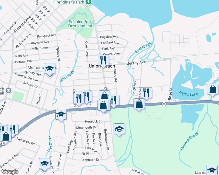 map of restaurants, bars, coffee shops, grocery stores, and more near 1304 Union Avenue in Union Beach