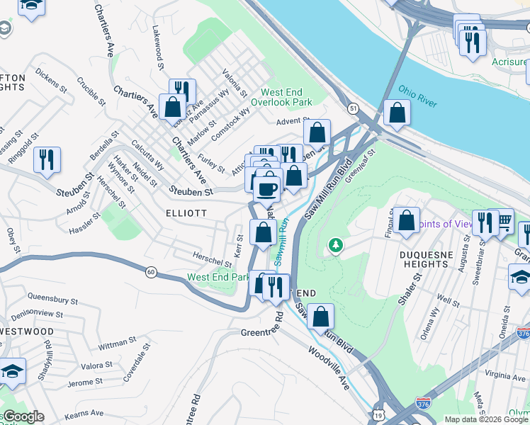 map of restaurants, bars, coffee shops, grocery stores, and more near 47 Wabash Street in Pittsburgh
