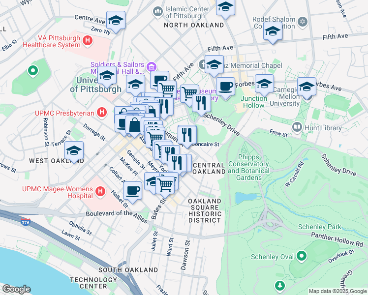 map of restaurants, bars, coffee shops, grocery stores, and more near 326 South Bouquet Street in Pittsburgh