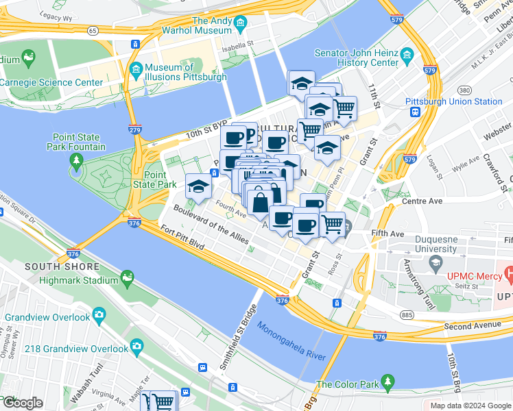 map of restaurants, bars, coffee shops, grocery stores, and more near 260 Forbes Avenue in Pittsburgh
