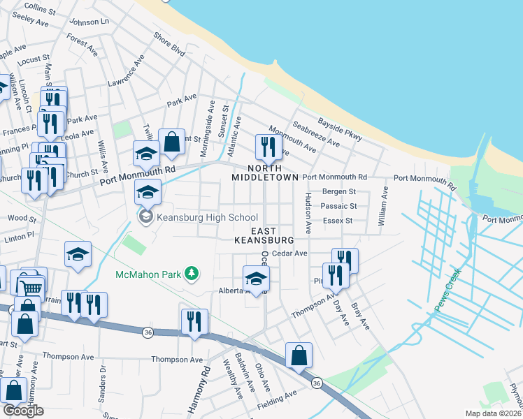 map of restaurants, bars, coffee shops, grocery stores, and more near 124 Ocean Avenue in North Middletown
