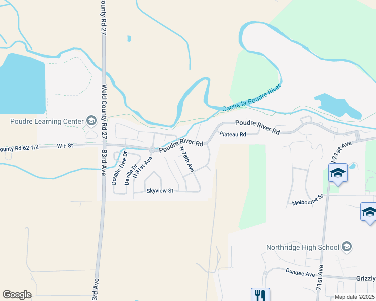map of restaurants, bars, coffee shops, grocery stores, and more near 523 North 78th Avenue in Greeley