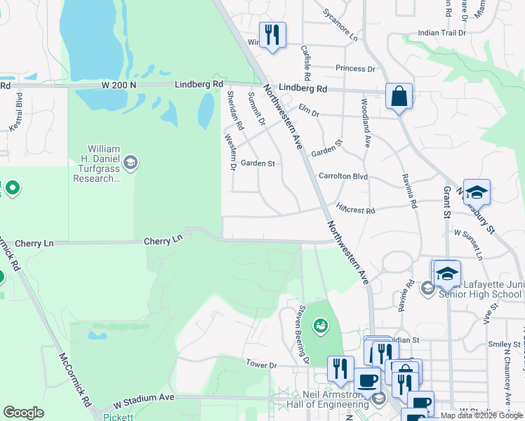 map of restaurants, bars, coffee shops, grocery stores, and more near 1114 Hillcrest Road in West Lafayette