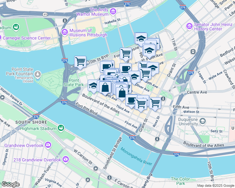 map of restaurants, bars, coffee shops, grocery stores, and more near 3 PPG Place in Pittsburgh