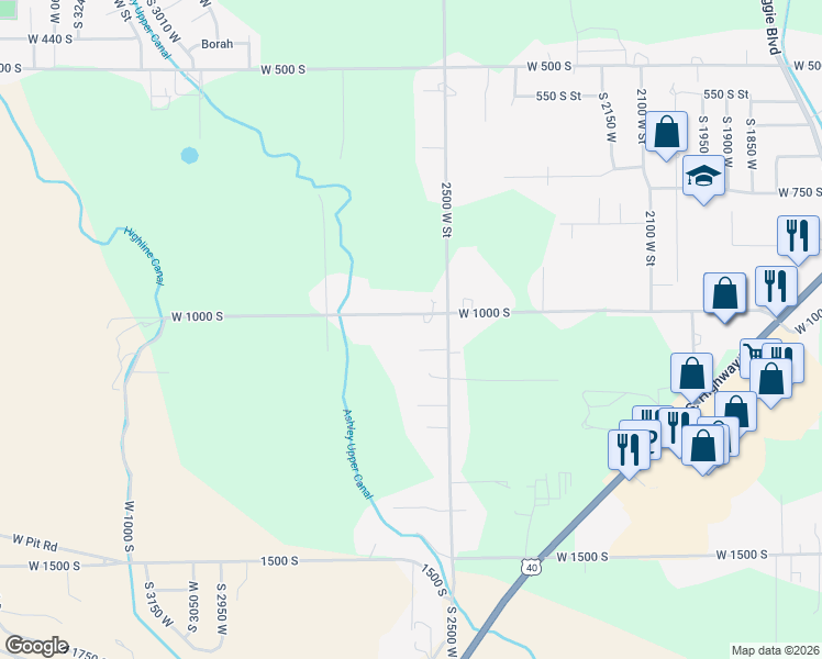 map of restaurants, bars, coffee shops, grocery stores, and more near 2601 West 1000 South in Vernal
