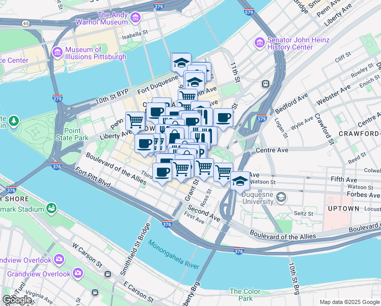 map of restaurants, bars, coffee shops, grocery stores, and more near 429 Forbes Avenue in Pittsburgh